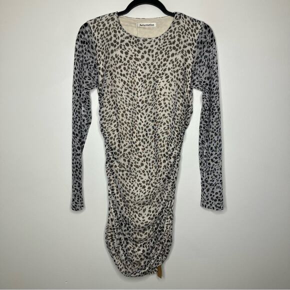 NWT REFORMATION Tomas Dress Ivory Cheetah Leopard Long Sleeve Mini Medium - Picture 1 of 6